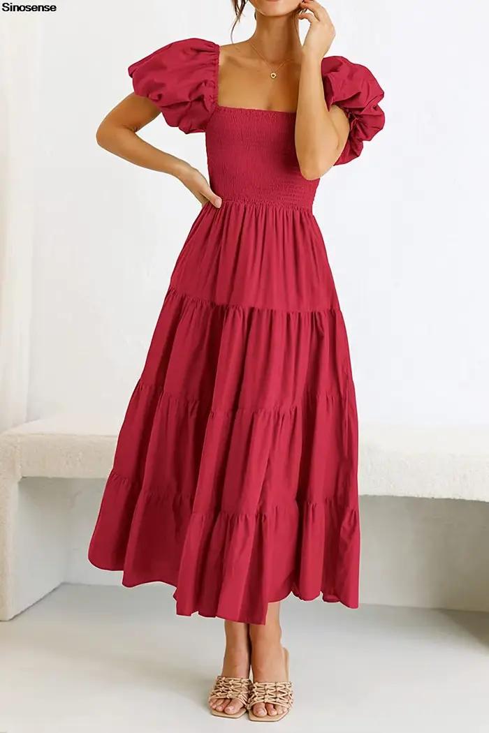 Robe Maxi Smockée à Plusieurs Niveaux pour Femme, Manches Courtes Bouffantes, Col Carré, Style Boho, Plage, Fluide, Ligne A, Longue, Invité de Mariage, Robe de Soirée, Été