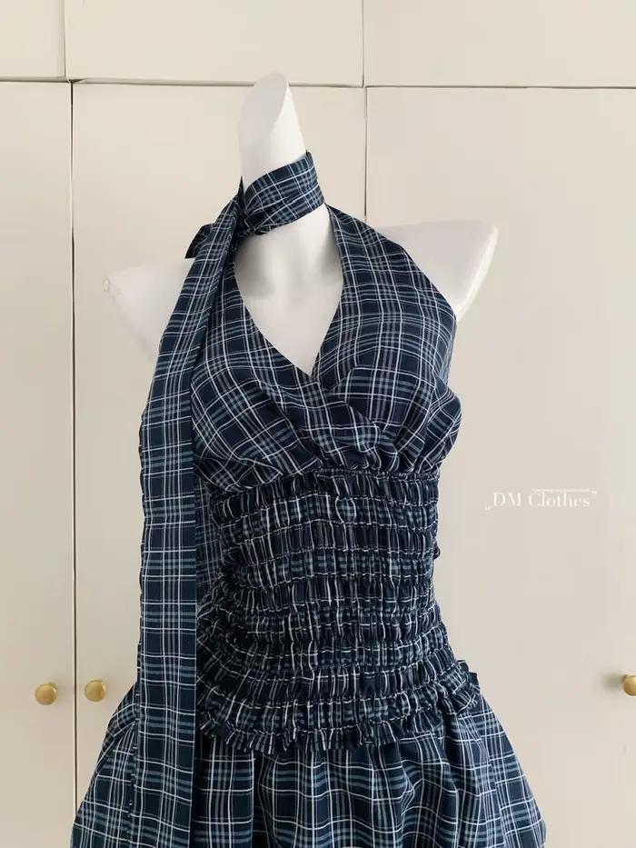 Rétro bleu marine haut à carreaux jupe courte costume femmes été Internet célébrité rue américaine douce fille chaude