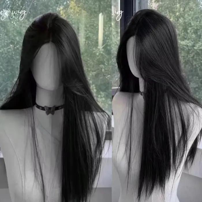 Perruque noire pour femmes, cheveux longs et lisses, bandeau, perruque Lace Front Wig, tempérament Cosplay pour usage quotidien, perruques synthétiques noires Lolita