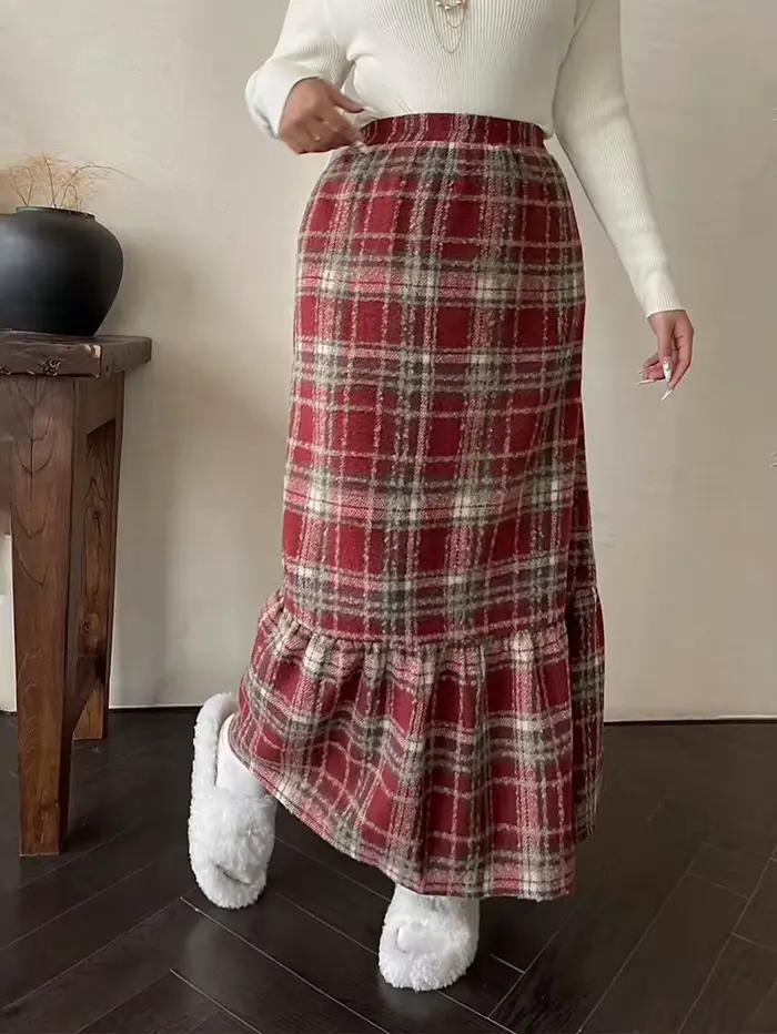 Jupe trapèze amincissante à taille haute à carreaux rouges pour femmes grandes tailles – Parfaite pour les tenues du