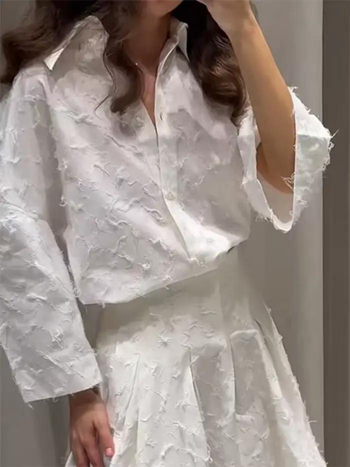 Élégant franges chemise jupe ensemble femmes demi manches revers simple boutonnage chemises a-ligne jupes longues costume 2025 été dame ensembles