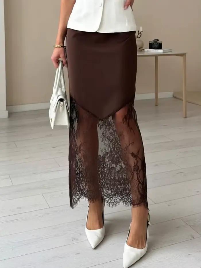 Trendix femmes Patchwork dentelle jupes 2025 nouvelle taille haute mince évider Maxi jupes automne marron mode fête Club Boho jupe