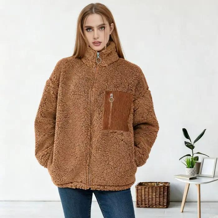 Veste polaire à manches longues pour femme, manteaux Sherpa zippés, coupe ample, vêtements d'extérieur flou avec poches, automne et hiver