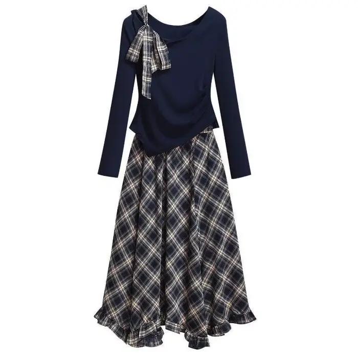 Ensemble jupe mi-longue en mousseline à carreaux tendance avec manches longues asymétriques, nouvelle robe fine printemps 2026 pour femme, élégante et polyvalente