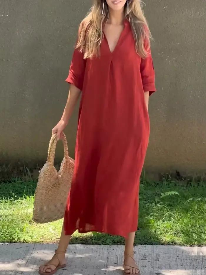 Robe longue en coton et lin à demi-manches pour femmes, robes à col en V profond, poches élégantes, à la mode, décontractées, éducatives
