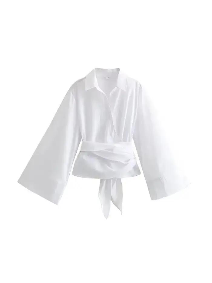 Chemisiers kimono à manches longues pour femmes avec nœud papillon, bouton avant, chemises féminines, hauts chics, à la mode
