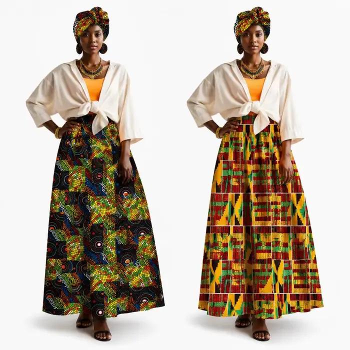 Ensemble jupe longue et foulard africain Ankara pour femme, style bohème traditionnel, 2 pièces, idéal pour les vacances d'été et les soirées