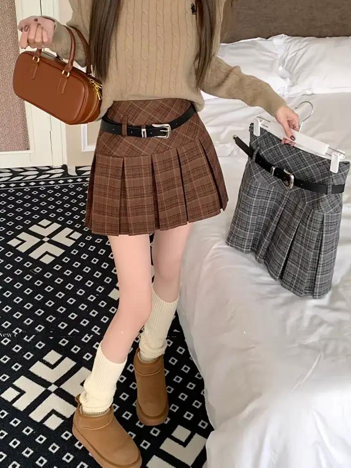 Style coréen hiver laine Kawaii Mini jupes femmes mode Y2K Streetwear Tartan plissé jupe à carreaux taille haute a-ligne