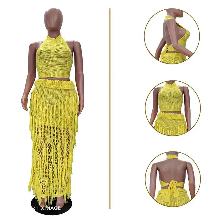 Ensemble deux pièces sexy pour femme : haut en jean et jupe longue à franges style bohème – Tenue d'été élégante pour club