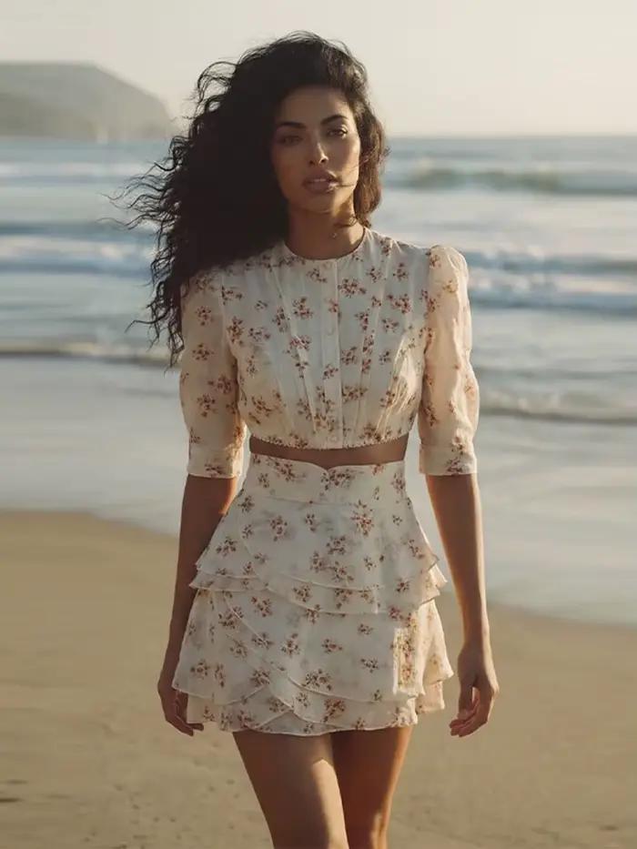 Ensemble Chic Nouvelle Collection Été 2026 pour Femme : Mini-Jupes à Imprimé Floral et Crop Top à Col Rond, Manches Courtes, Boutonnage Simple et Volants