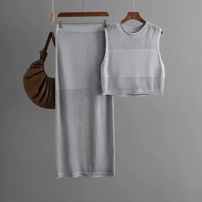Jupe costume femmes tricot 2 pièces ensembles haut gilet jupes longues évider tricoté Ensemble