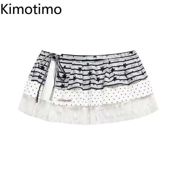 Kimotimo American Street Star Dot imprimé Patchwork à lacets gâteau jupe femmes doux Y2k esthétique polyvalent a-ligne Mini jupes