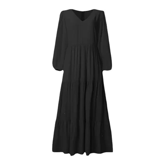 Robe midi élégante à manches longues style urbain pour femme, collection automne, en tissu polyester marron et noir, col rond, avec large ourlet