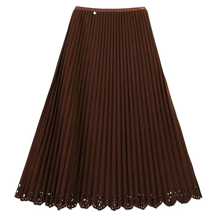 Femmes solide Vintage jupe plissée fleur creuse a-ligne Medi longue Maxi