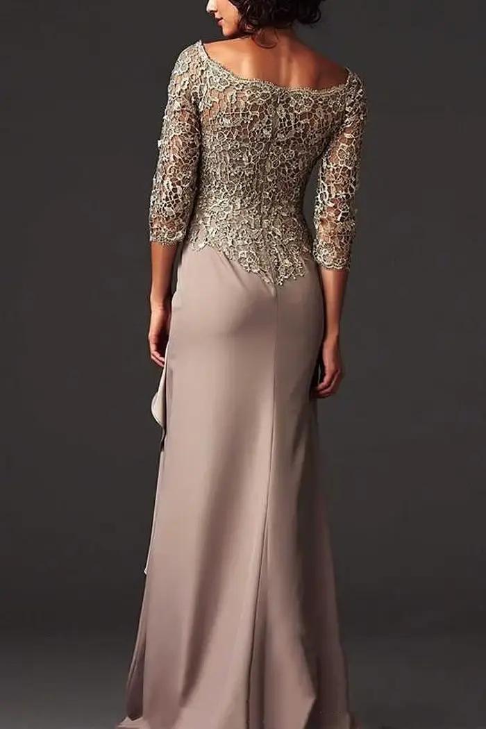 Robes de soirée pour mère de la mariée, marron, col rond, manches 2022, mousseline plissée, dentelle appliquée, robes de soirée formelles du marié, 3/4