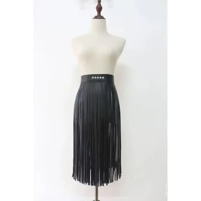 Jupe longue à franges en similicuir, taille haute, style punk rock, avec ceinture ajustable, style bohème, pour costume ou tenue de club