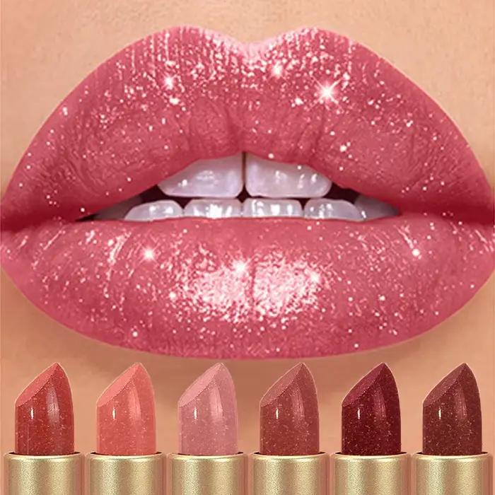 Rouge à lèvres nacré diamant, 6 couleurs, paillettes métalliques brillantes, teinte longue durée, Nude, scintillant, brillant, maquillage
