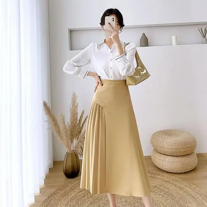 Jupe Mi-longue Femme Style Coréen Bureau Élégante Polyvalente Occasions Spéciales Polyester Coton Acétate Plissé Blanc Noir