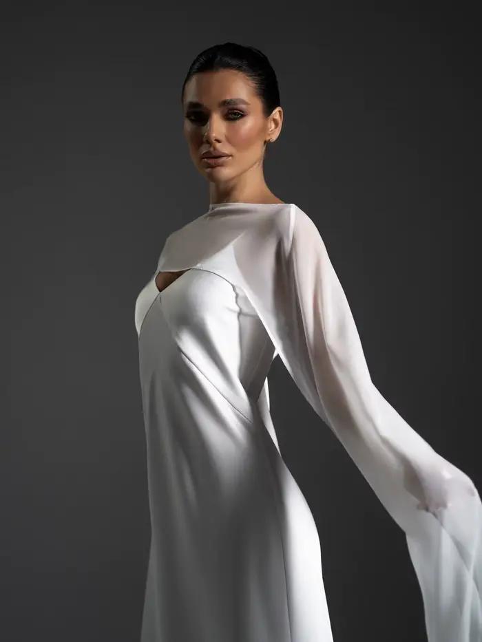 Robes de soirée de mariage en satin blanc avec cape transparente, décolleté en V profond, en taffetas, coupe trapèze, longue, sans manches, pour mariée