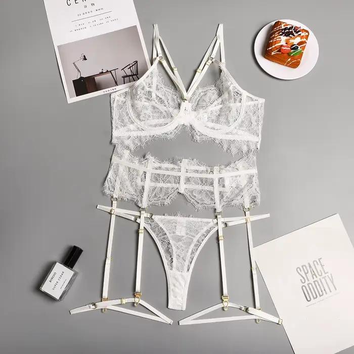 Ensemble de lingerie sexy pour femmes 2026, lingerie sexy en dentelle, tentation de nuit sombre, dentelle sexy, lingerie charmante pour femmes, ensemble trois pièces
