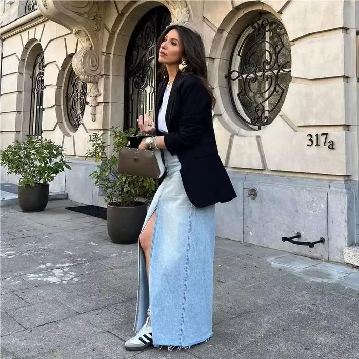 Jupe longue en jean à taille haute pour femmes
