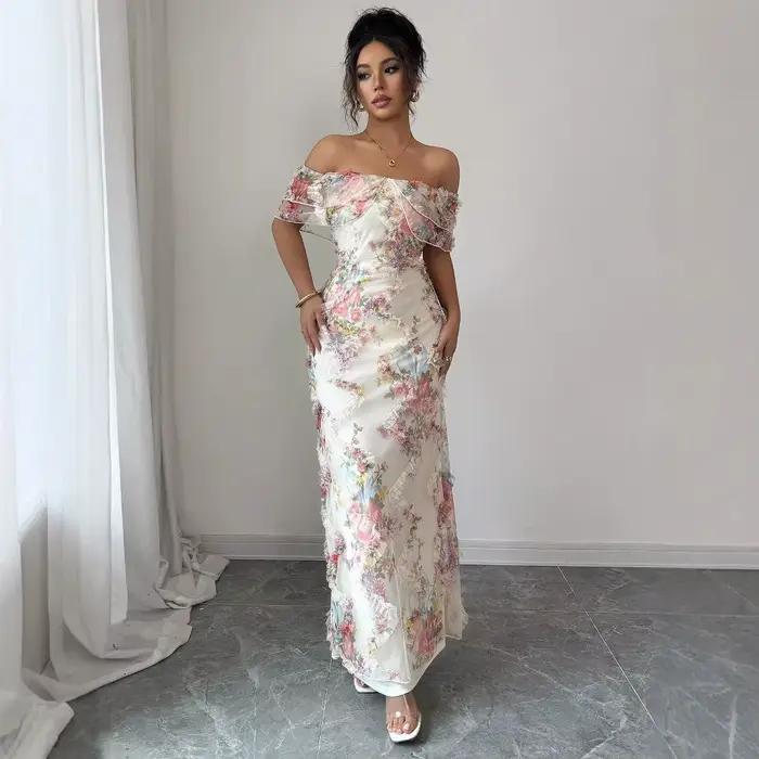 Robes pour femmes robe à volants élégante et romantique dames Sexy épaules dénudées ajustée maille robe florale robe de soirée pour femme