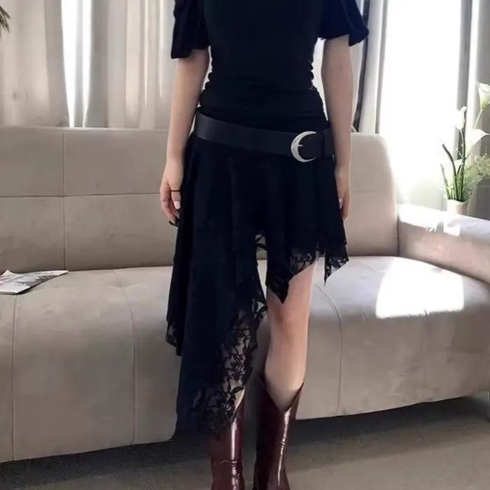Jupe mi-longue en dentelle superposée de Style français avec ourlet asymétrique