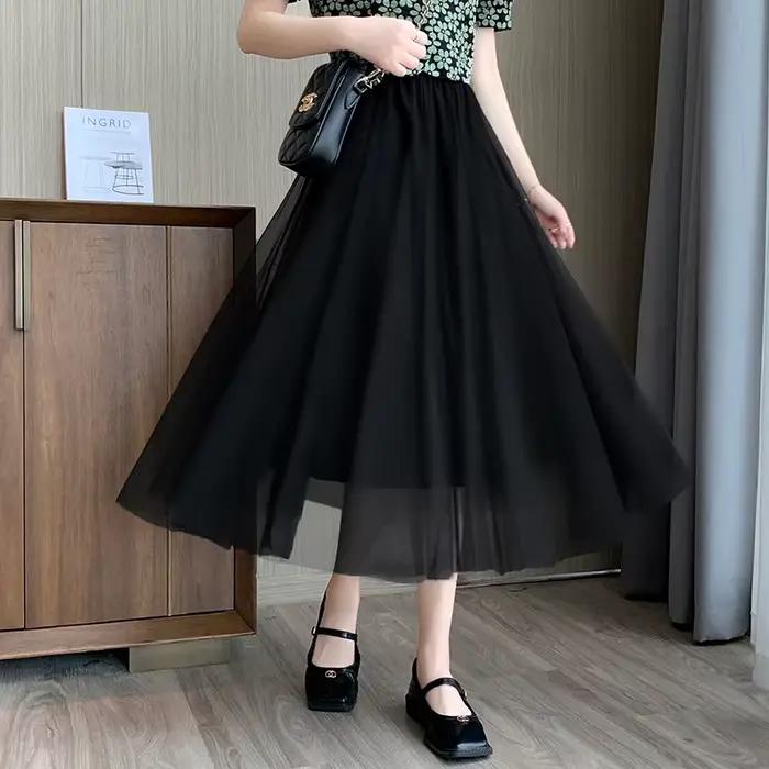 Midi Tulle gaze jupe nouvelle mode féminine taille haute mi-longue