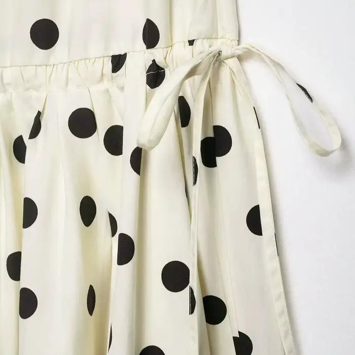 Jupe mi-longue décontractée pour femme, style vintage à pois, ourlet asymétrique, taille haute, cordon de serrage, fluide, blanc et noir, streetwear