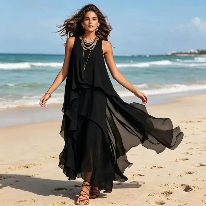 Robe longue fluide en mousseline pour femme, sans manches, col rond, ourlet asymétrique, robe d'été superposée pour cocktail ou invitée de mariage