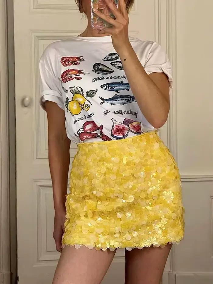 Jupe élégante et sexy jaune paillettes pour femmes mini haute taille Saint Valentin soirée club occassions spéciales