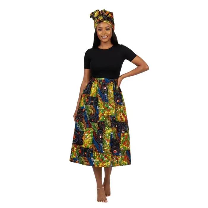 Ensemble jupe longue et foulard africain Ankara pour femme, style bohème traditionnel, 2 pièces, idéal pour les vacances d'été et les soirées