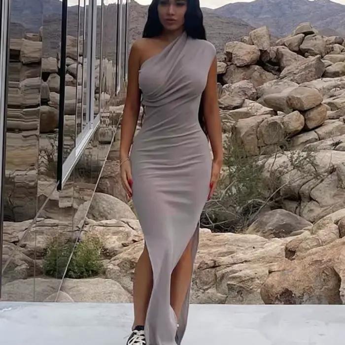 Robe longue fendue dos nu pour femmes, tenue d'été Y2K, sans bretelles, moulante, élégante, Sexy, pour fête d'anniversaire, sans manches