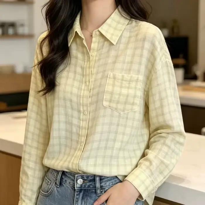 Chemises à carreaux pour femmes, chemise légère à manches longues boutonnée avec poche poitrine unique, hauts décontractés surdimensionnés, tenue printemps-été