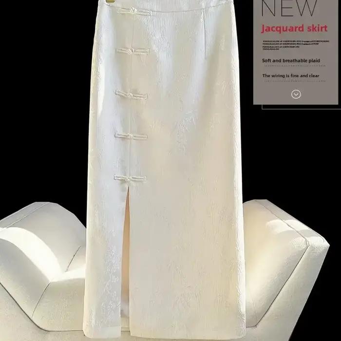2025 nouvelle jupe Jacquard Vintage pour les femmes printemps saison moulante fente latérale disque boutonné décontracté Chic femme mode jupe femmes
