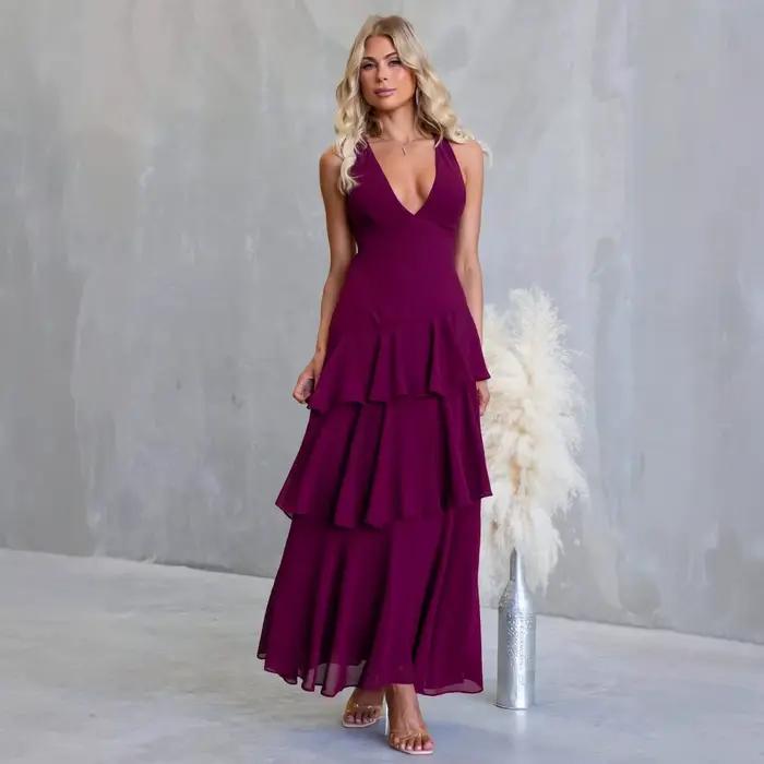 Robe longue à col en V, couleur unie, avec ceinture, style vacances d'été, jupe à volants, en polyester, sans manches, taille mi-haute, fraîche et élégante