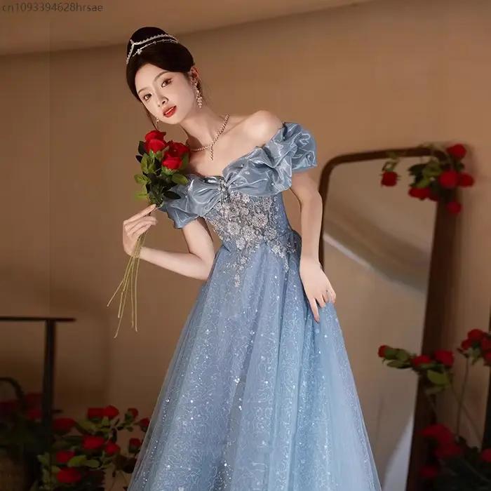 Robe de soirée de mariage bleue élégante, épaules dénudées, pour femmes, bal de Performance, luxueuse jupe longue trapèze de Style princesse