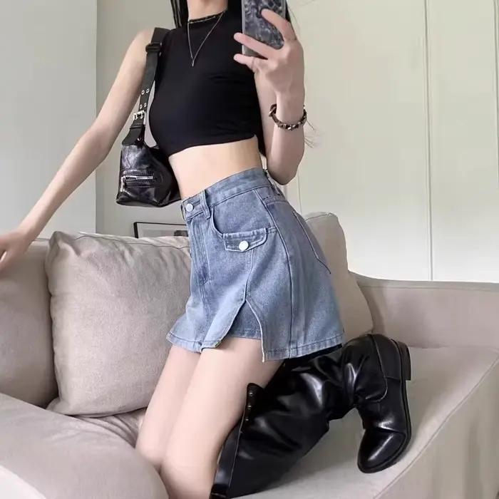 Jupe courte en jean amincissante pour femmes avec coupe trapèze fine, élégante et décontractée pour printemps été voyages et occasions spéciales
