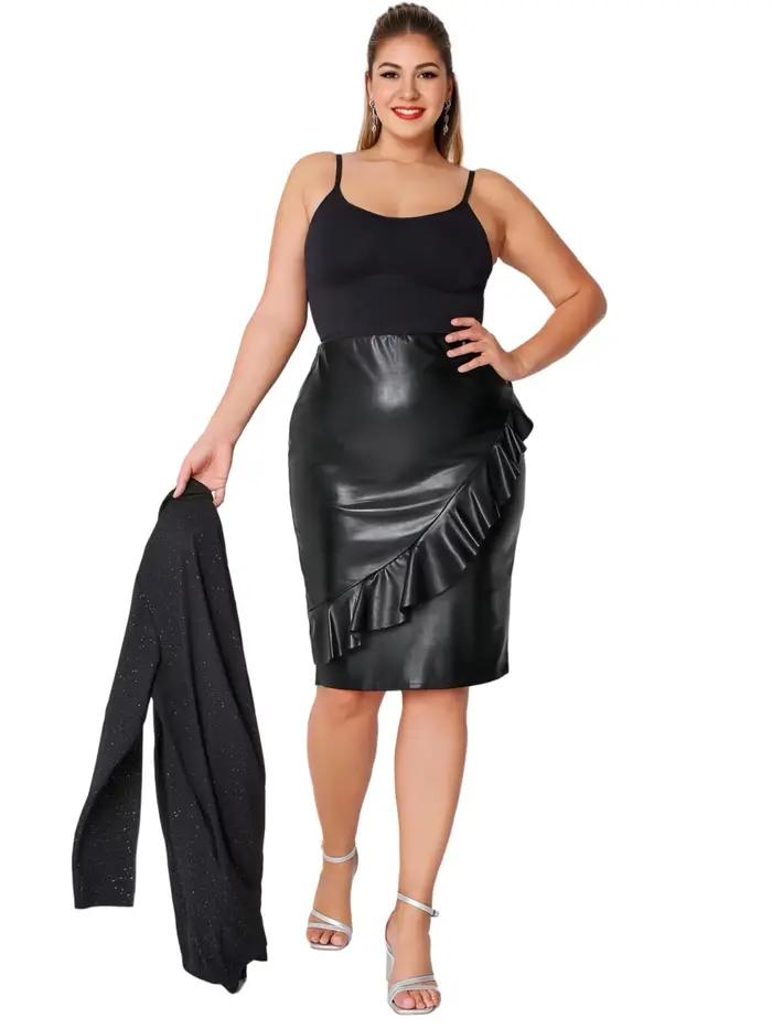 Femmes grande taille élégante Faxu jupe en cuir conception à volants Sexy automne hiver