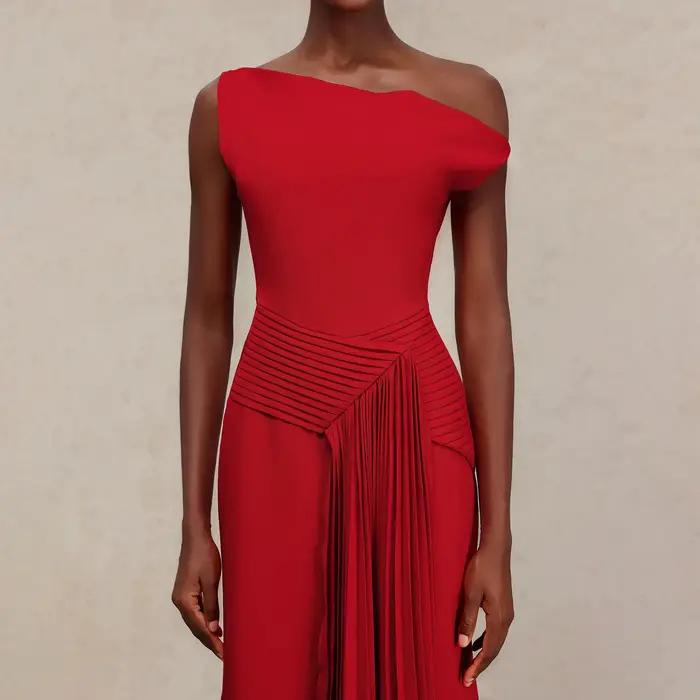 Robe mi-longue plissée rouge à une épaule pour femmes, coupe cintrée, robe de soirée formelle, de Cocktail, à la mode, ourlet asymétrique, 2026
