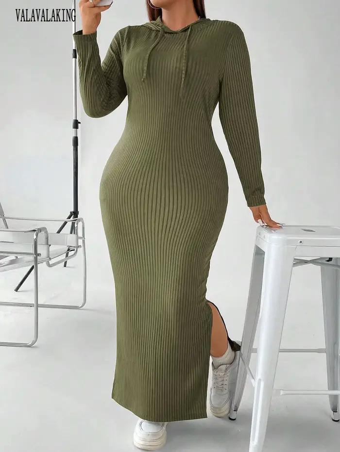Robe pull à manches longues et col en V pour femme, grande taille, avec capuche, élégante, fendue, moulante, maxi, hiver, 2025