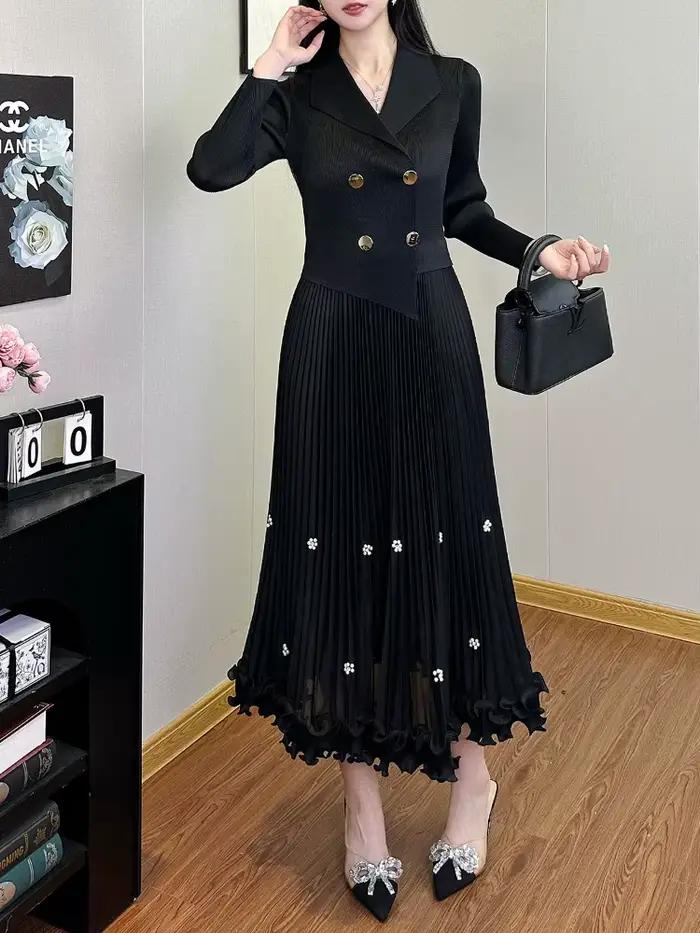 EGRM Miyake robe longue plissée automne offre spéciale femmes Double boutonnage taille cintrée minceur haut de gamme élégant jupe polyvalente