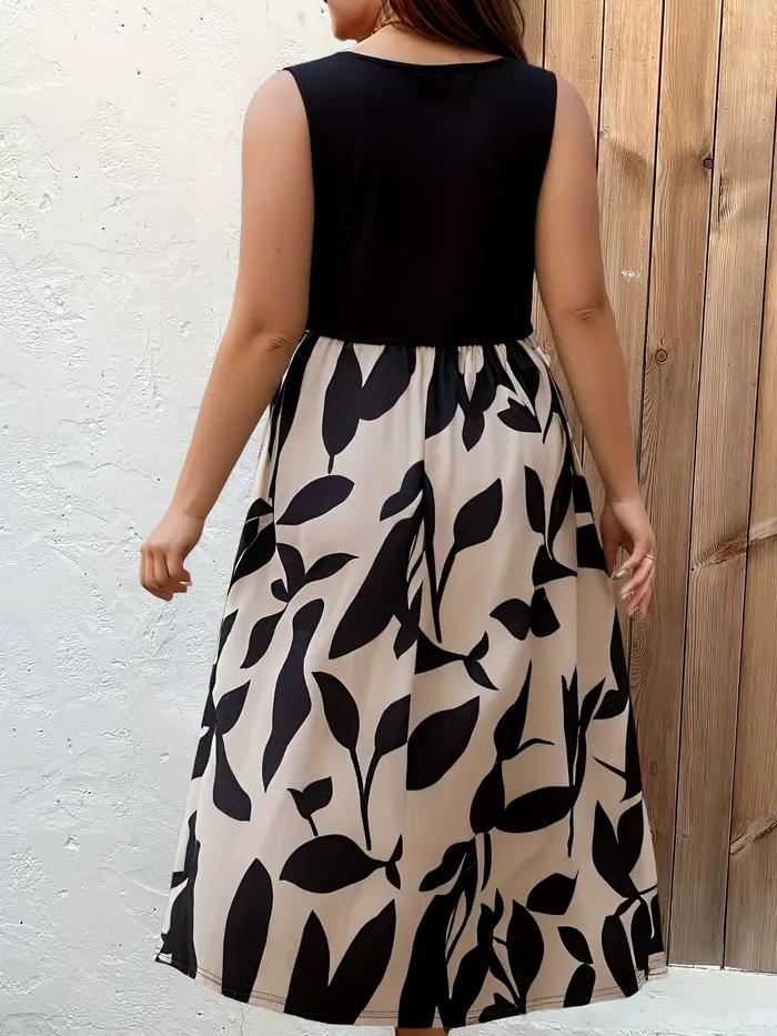 Robe chic sans manches coupe trapèze grande taille avec imprimé feuilles et col en V pour un style sans effort