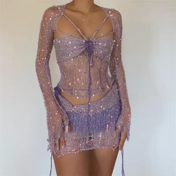 Ensemble haut et mini jupe à paillettes scintillantes pour femmes