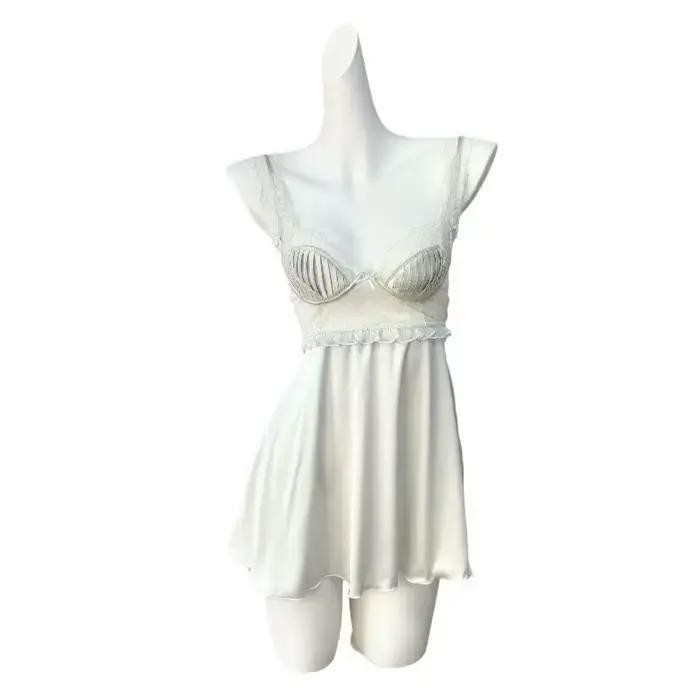 INJNIGHTOWNIGHTS-Chemise de nuit sexy pour femmes, lingerie française avec coussretours de poitrine, pyjama à bretelles, vêtements de détente pour dames, nouvelle collection