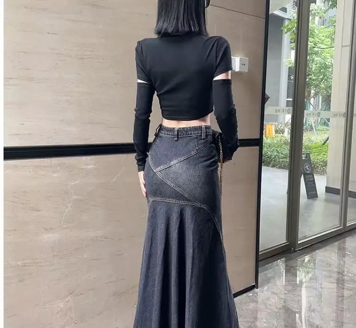 Maxi jupe femmes décontracté sirène Streatwear taille haute fermeture éclair Denim jupes Y2k Streetwear ample longue maman jean cheville longueur été