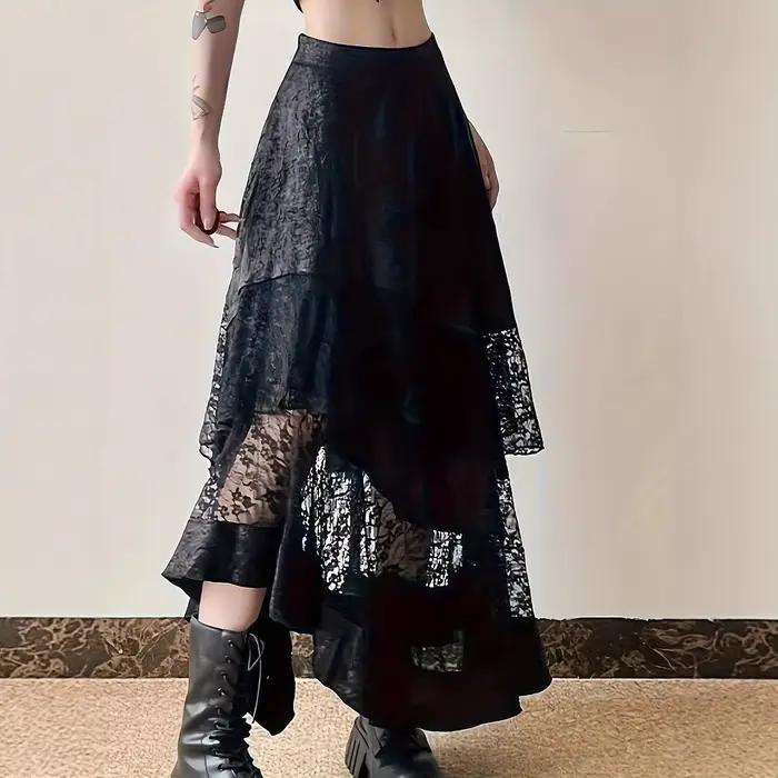 Jupe mi-longue gothique Vintage noire, esthétique Y2k, dentelle irrégulière, Style français, élégante, décontractée, Design Chic pour femme