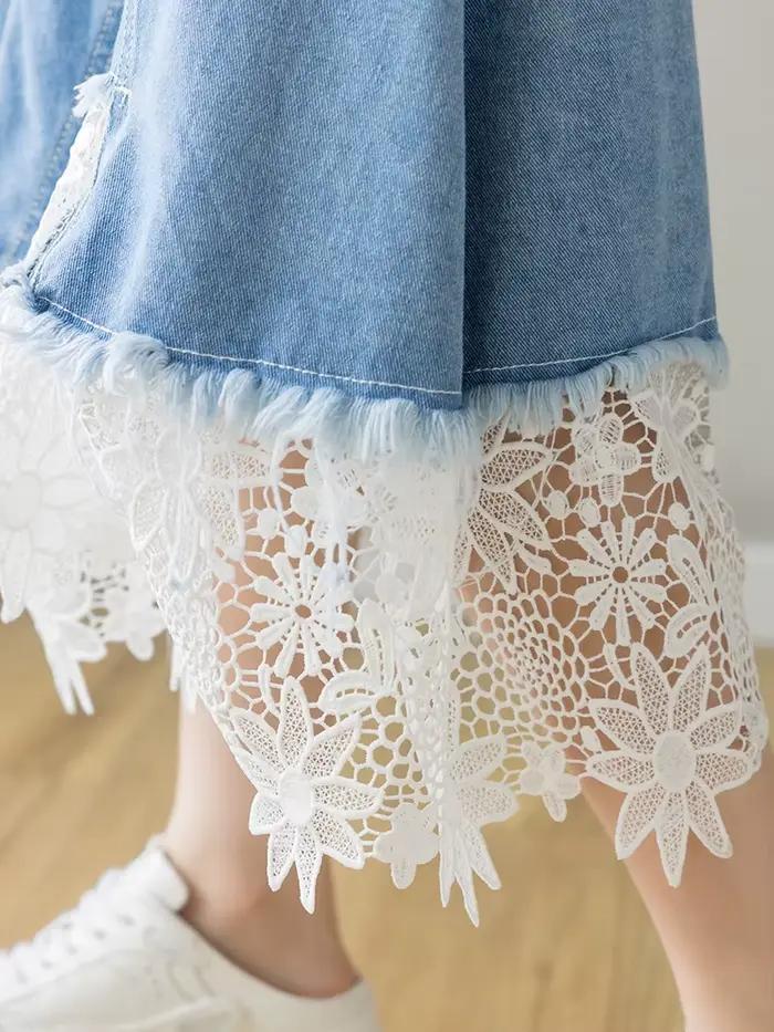 Jupe en jean évidée en dentelle patchwork vintage pour femmes, mode coréenne, taille haute, midi, denim, fermeture éclair, décontracté, élégant