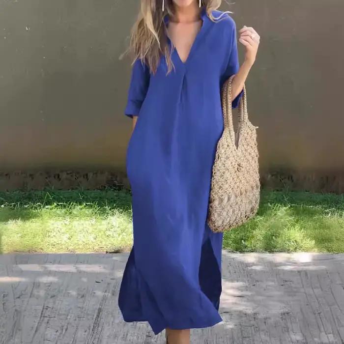 Robe longue en coton et lin à demi-manches pour femmes, robes à col en V profond, poches élégantes, à la mode, décontractées, éducatives