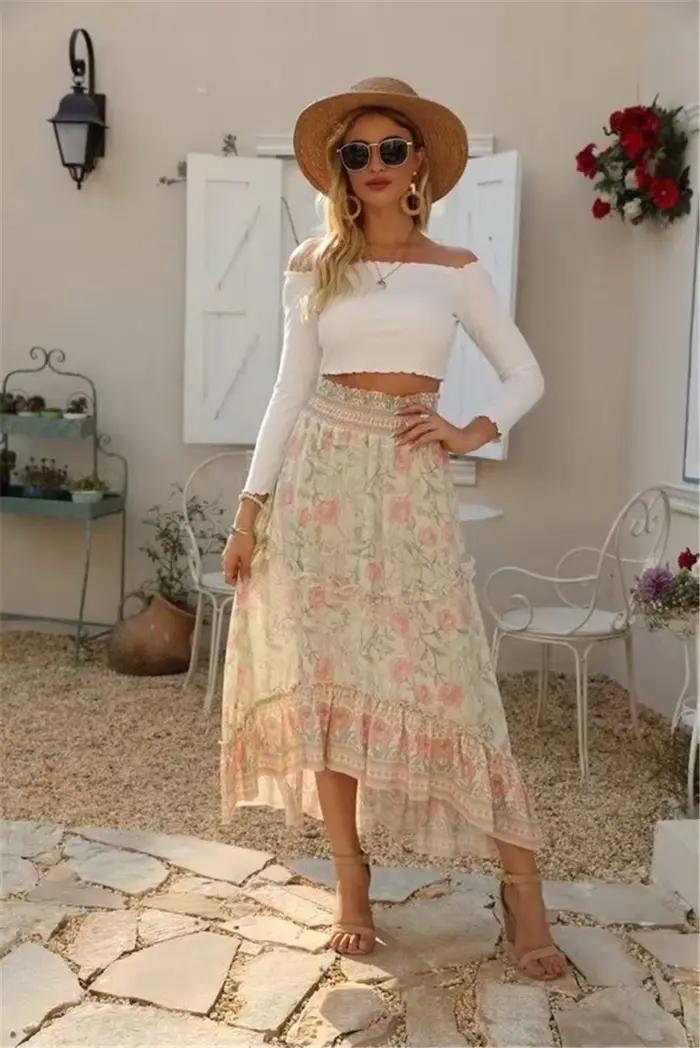 Jupe de plage vintage pour femmes, style bohème, imprimé floral paon, taille haute élastique, maxi, ligne A